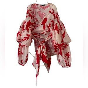 ITOO Fashion Tropical Bird Bubble Sleeve Wrapped Crop Top Blouse Shirt